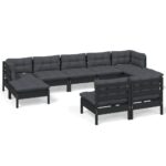 9-Piece Garden Lounge Set with Cushions Black Pine Wood Outdoor Patio Furniture