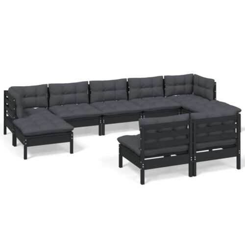 9-Piece Garden Lounge Set with Cushions Black Pine Wood Outdoor Patio Furniture