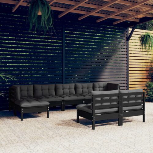 9-Piece Garden Lounge Set with Cushions Black Pine Wood Outdoor Patio Furniture - Image 2