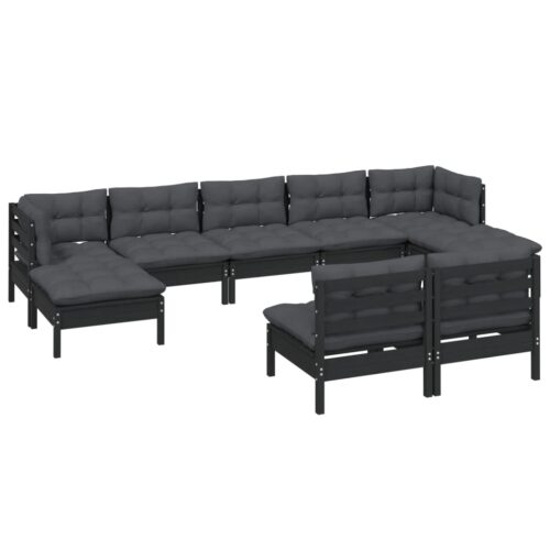 9-Piece Garden Lounge Set with Cushions Black Pine Wood Outdoor Patio Furniture - Image 3