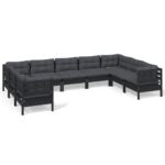 9-Piece Garden Lounge Set with Cushions Black Pine Wood Outdoor Patio Furniture