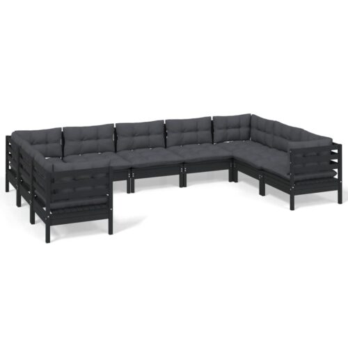 9-Piece Garden Lounge Set with Cushions Black Pine Wood Outdoor Patio Furniture