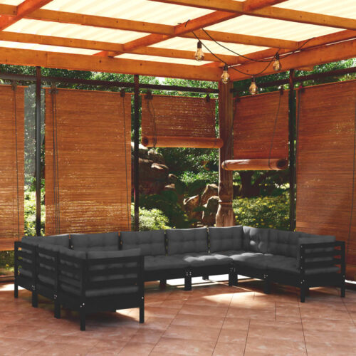 9-Piece Garden Lounge Set with Cushions Black Pine Wood Outdoor Patio Furniture - Image 2