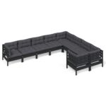 9-Piece Garden Lounge Set with Cushions Black Pine Wood Outdoor Patio Furniture