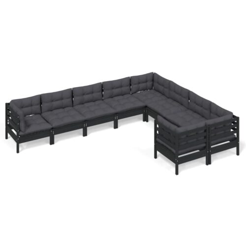 9-Piece Garden Lounge Set with Cushions Black Pine Wood Outdoor Patio Furniture