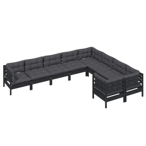 9-Piece Garden Lounge Set with Cushions Black Pine Wood Outdoor Patio Furniture - Image 3