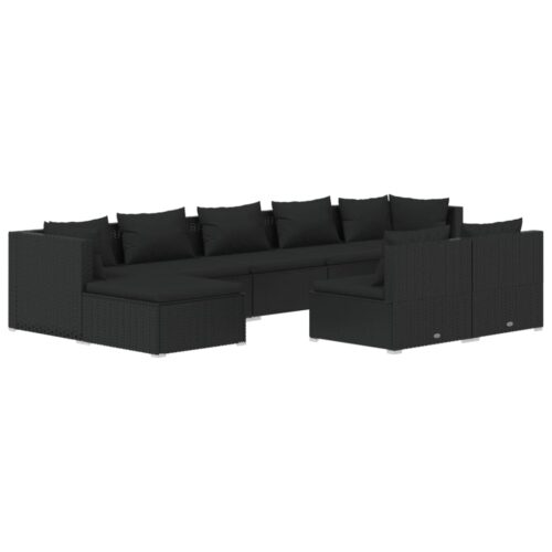 9-Piece Garden Lounge Set with Cushions Black Poly Rattan Wicker Outdoor Patio Furniture