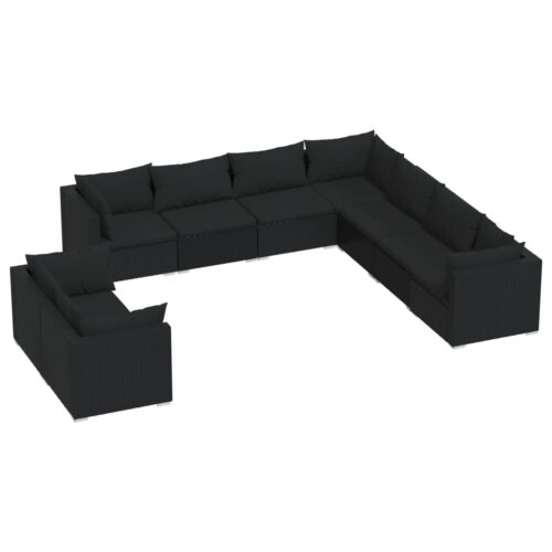 9-Piece Garden Lounge Set with Cushions Black Poly Rattan Wicker Outdoor Patio Furniture