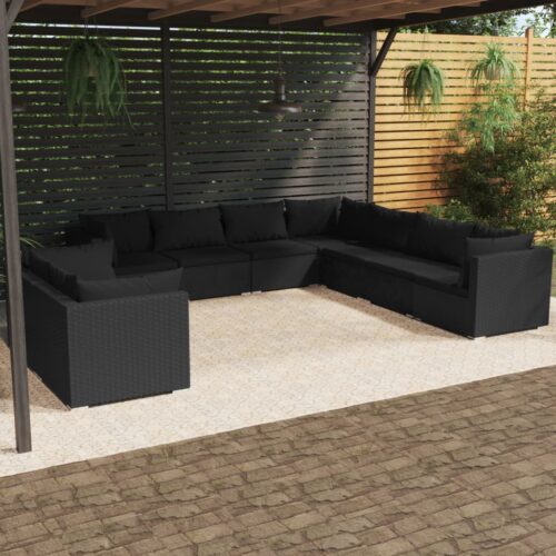 9-Piece Garden Lounge Set with Cushions Black Poly Rattan Wicker Outdoor Patio Furniture - Image 2