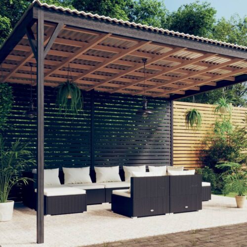 9-Piece Garden Lounge Set with Cushions Black Poly Rattan Wicker Outdoor Patio Furniture - Image 2