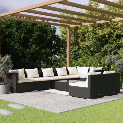 9-Piece Garden Lounge Set with Cushions Black Poly Rattan Wicker Outdoor Patio Furniture - Image 2