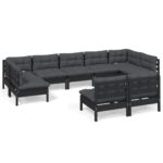 9-Piece Garden Lounge Set with Cushions Black Pine Wood Outdoor Patio Furniture