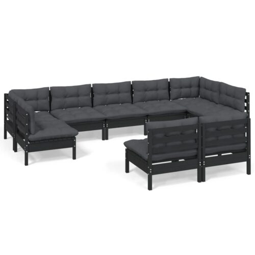 9-Piece Garden Lounge Set with Cushions Black Pine Wood Outdoor Patio Furniture