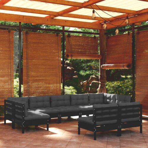 9-Piece Garden Lounge Set with Cushions Black Pine Wood Outdoor Patio Furniture - Image 2