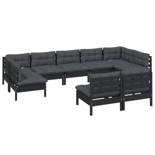 9-Piece Garden Lounge Set with Cushions Black Pine Wood Outdoor Patio Furniture - Image 3