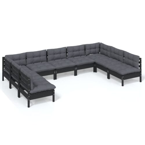 9-Piece Garden Lounge Set with Cushions Black Pine Wood Outdoor Patio Furniture
