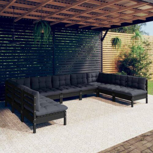 9-Piece Garden Lounge Set with Cushions Black Pine Wood Outdoor Patio Furniture - Image 2