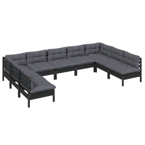 9-Piece Garden Lounge Set with Cushions Black Pine Wood Outdoor Patio Furniture - Image 3