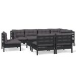 9-Piece Garden Lounge Set with Cushions Black Pine Wood Outdoor Patio Furniture