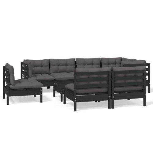 9-Piece Garden Lounge Set with Cushions Black Pine Wood Outdoor Patio Furniture