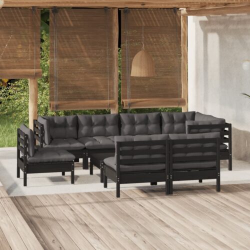 9-Piece Garden Lounge Set with Cushions Black Pine Wood Outdoor Patio Furniture - Image 2