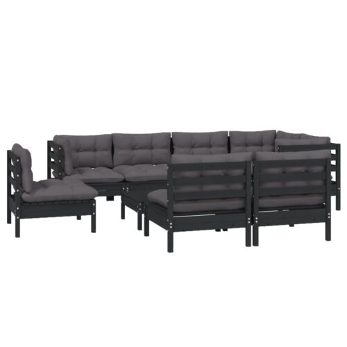 9-Piece Garden Lounge Set with Cushions Black Pine Wood Outdoor Patio Furniture - Image 3