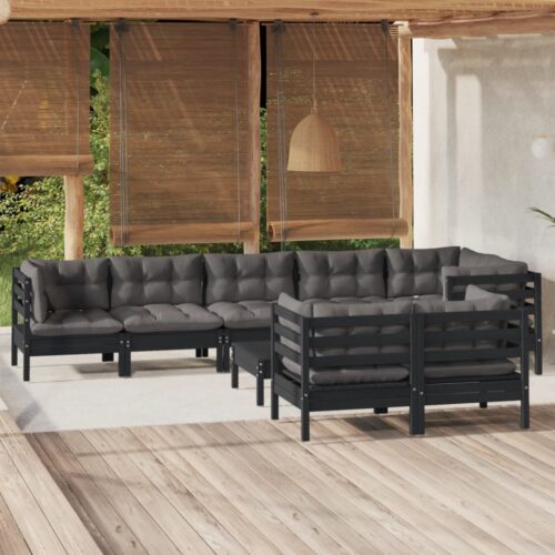 9-Piece Garden Lounge Set with Cushions Black Pine Wood Outdoor Patio Furniture - Image 2