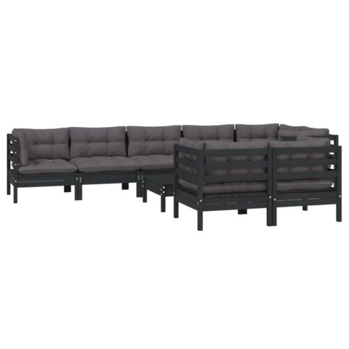 9-Piece Garden Lounge Set with Cushions Black Pine Wood Outdoor Patio Furniture - Image 3