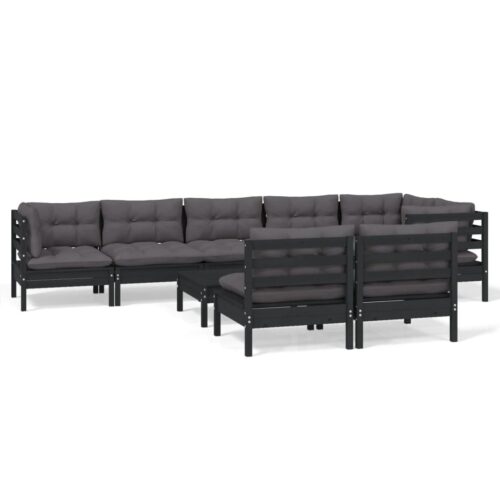 9-Piece Garden Lounge Set with Cushions Black Pine Wood Outdoor Patio Furniture