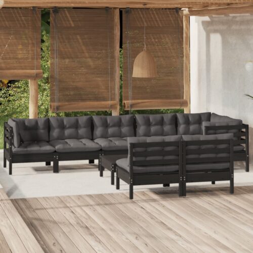 9-Piece Garden Lounge Set with Cushions Black Pine Wood Outdoor Patio Furniture - Image 2