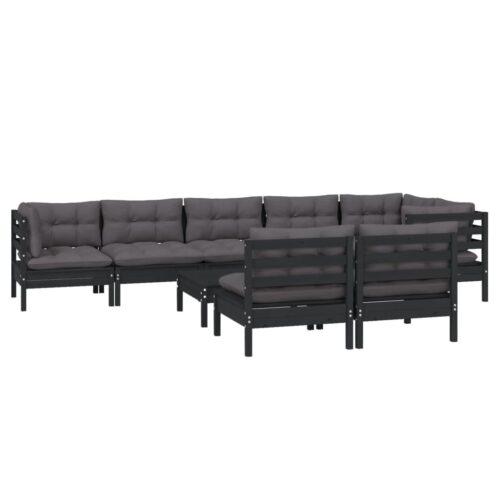 9-Piece Garden Lounge Set with Cushions Black Pine Wood Outdoor Patio Furniture - Image 3