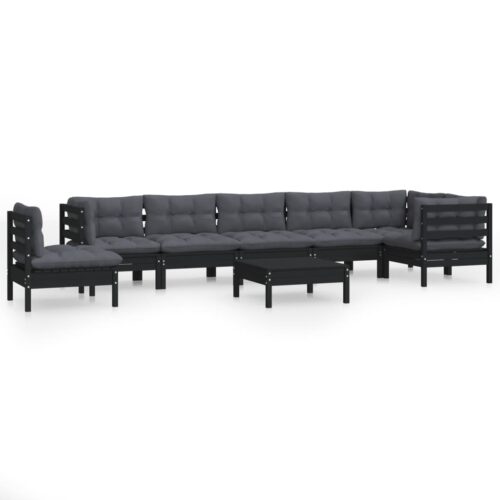 9-Piece Garden Lounge Set with Cushions Black Pine Wood Outdoor Patio Furniture