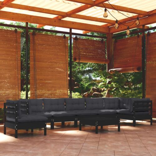 9-Piece Garden Lounge Set with Cushions Black Pine Wood Outdoor Patio Furniture - Image 2