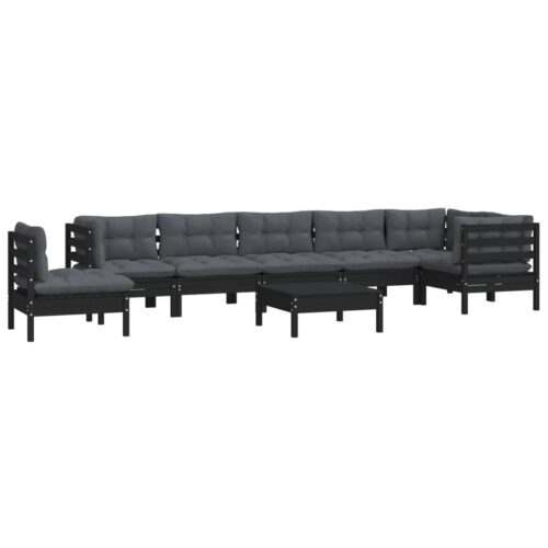 9-Piece Garden Lounge Set with Cushions Black Pine Wood Outdoor Patio Furniture - Image 3