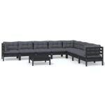 9-Piece Garden Lounge Set with Cushions Black Pine Wood Outdoor Patio Furniture