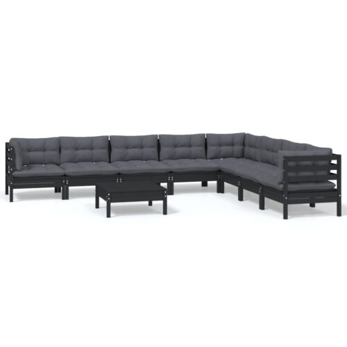 9-Piece Garden Lounge Set with Cushions Black Pine Wood Outdoor Patio Furniture