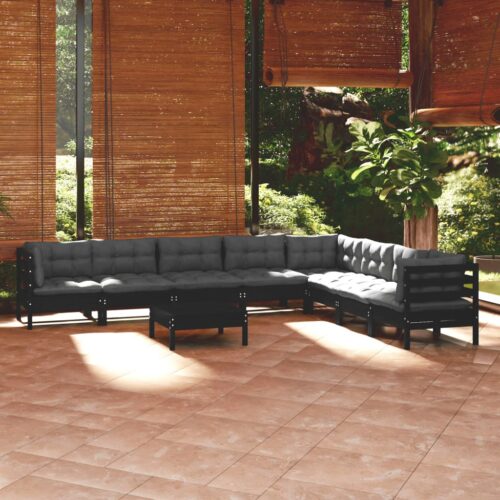 9-Piece Garden Lounge Set with Cushions Black Pine Wood Outdoor Patio Furniture - Image 2