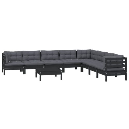 9-Piece Garden Lounge Set with Cushions Black Pine Wood Outdoor Patio Furniture - Image 3