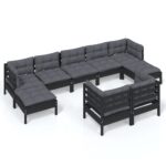 9-Piece Garden Lounge Set with Cushions Black Pine Wood Outdoor Patio Furniture