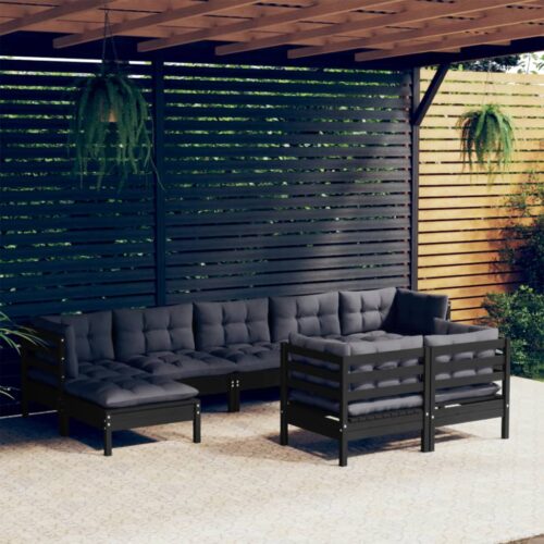 9-Piece Garden Lounge Set with Cushions Black Pine Wood Outdoor Patio Furniture - Image 2