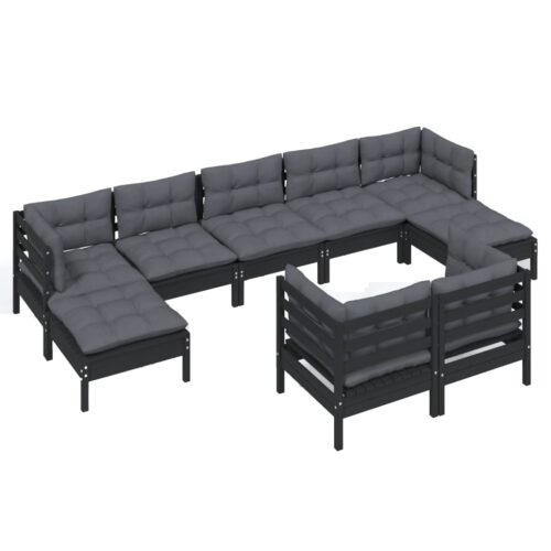 9-Piece Garden Lounge Set with Cushions Black Pine Wood Outdoor Patio Furniture - Image 3