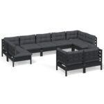 9-Piece Garden Lounge Set with Cushions Black Pine Wood Outdoor Patio Furniture