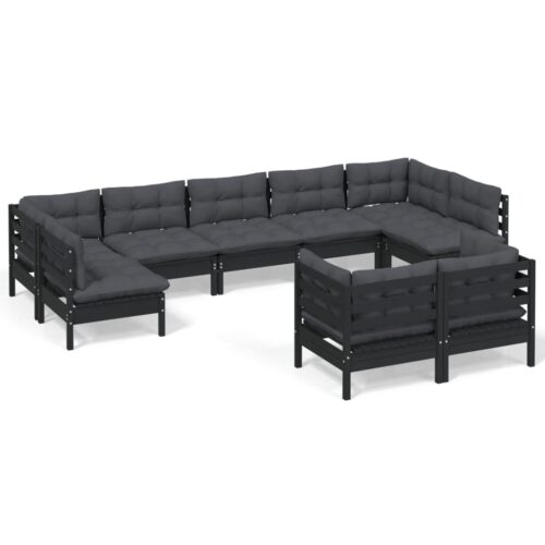 9-Piece Garden Lounge Set with Cushions Black Pine Wood Outdoor Patio Furniture