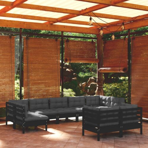 9-Piece Garden Lounge Set with Cushions Black Pine Wood Outdoor Patio Furniture - Image 2