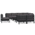9-Piece Garden Lounge Set with Cushions Black Pine Wood Outdoor Patio Furniture