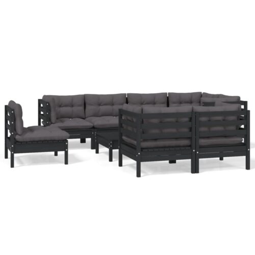 9-Piece Garden Lounge Set with Cushions Black Pine Wood Outdoor Patio Furniture