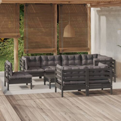 9-Piece Garden Lounge Set with Cushions Black Pine Wood Outdoor Patio Furniture - Image 2