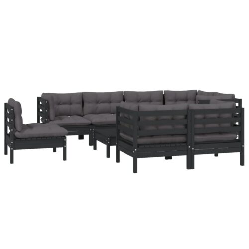 9-Piece Garden Lounge Set with Cushions Black Pine Wood Outdoor Patio Furniture - Image 3