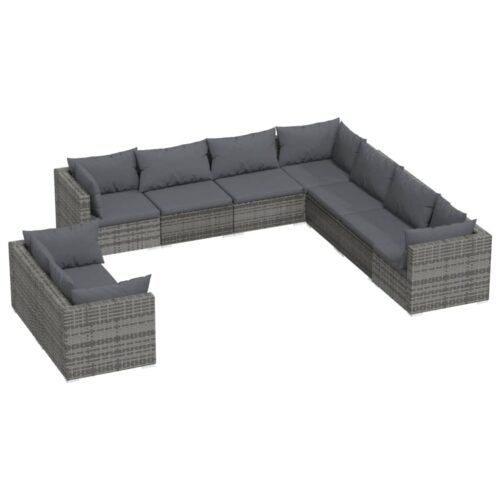 9-Piece Garden Lounge Set with Cushions Grey Poly Rattan Wicker Outdoor Patio Furniture