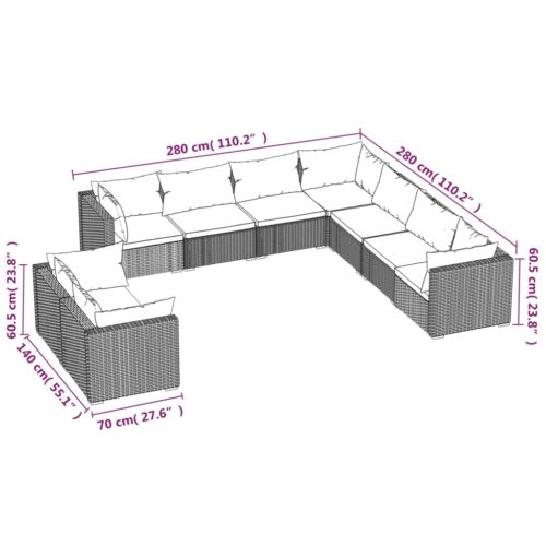 9-Piece Garden Lounge Set with Cushions Grey Poly Rattan Wicker Outdoor Patio Furniture - Image 5